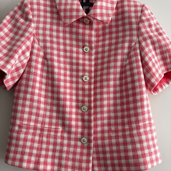 Tommy Hilfiger Pink Gingham Short Sleeve Tweed Button-Up Top – Size 4 - Picture 11 of 14